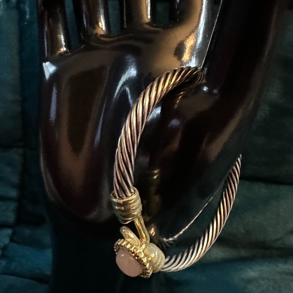 hook bangle with pink quartz stone and two tone metals smaller wrist